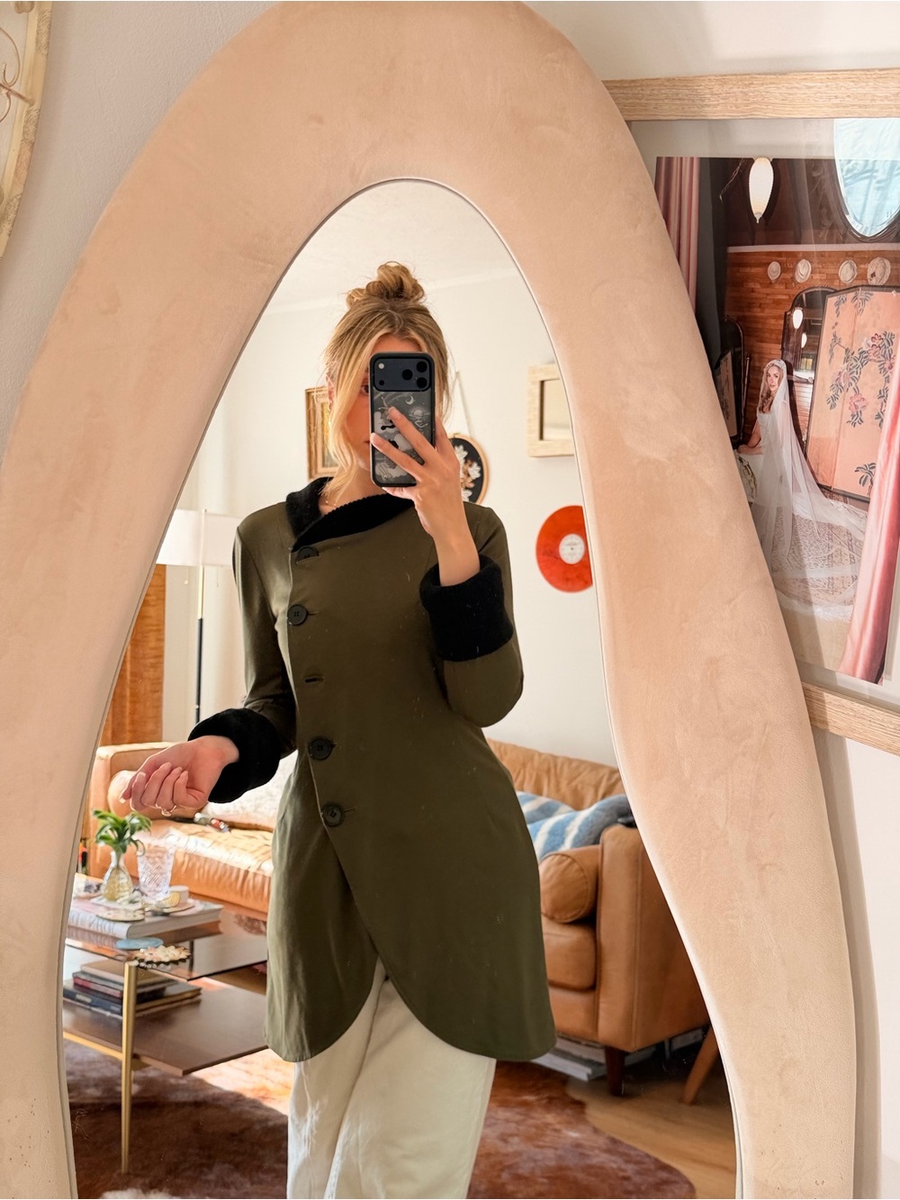 Vintage Olive Green Coat with Black Faux Fur Trim